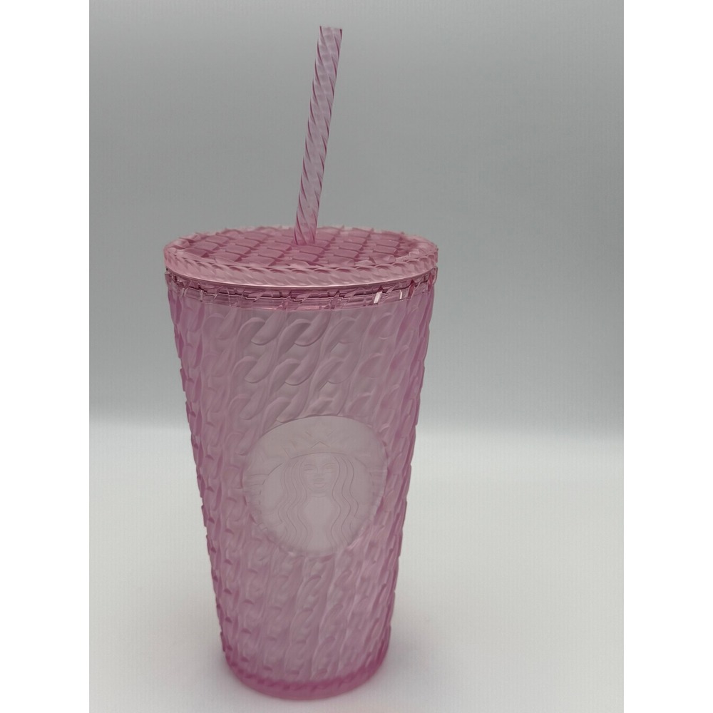 Starbucks Pink Cable Knit Sweater Frosted Grande Tumbler 24oz Cold Cup & Straw